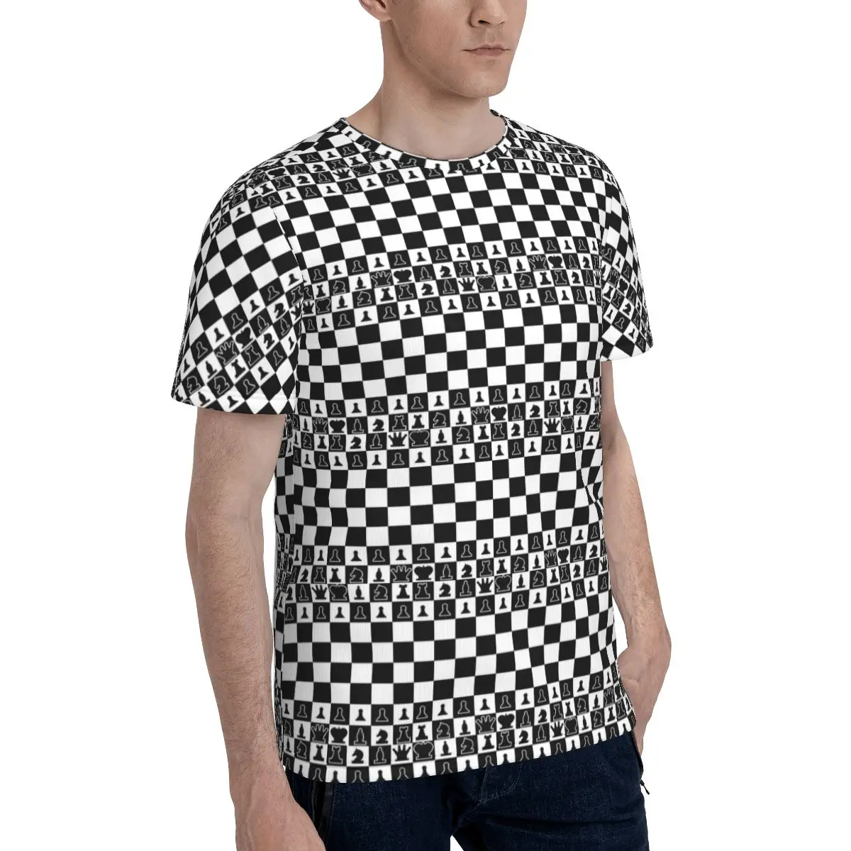 Chess Board Black And White Grid Checkered T-Shirt for Men Cotton T Shirts Men's Short Sleeve Round Neck Summer Clothes Tops