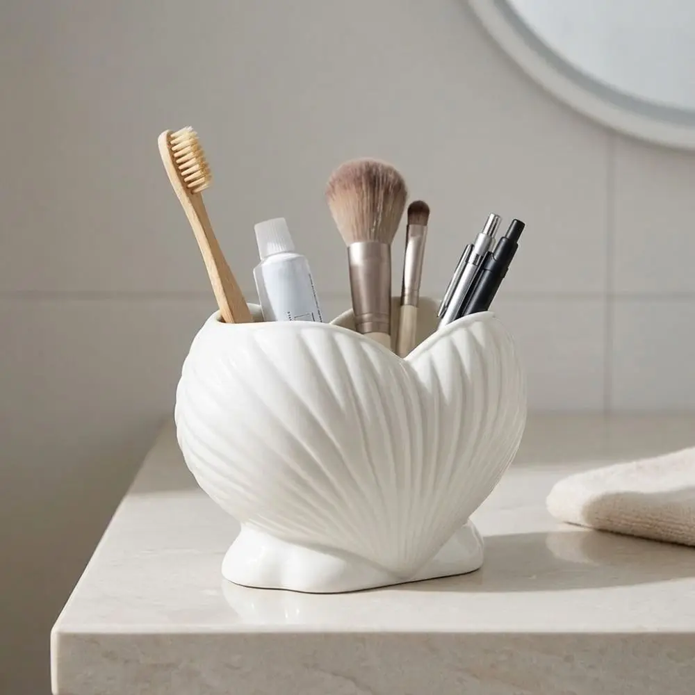 3D Printed Shell Shape Toothpaste Toothbrush Holder Coastal Style Aesthetic Makeup Brush Stand Plastic Stable Base