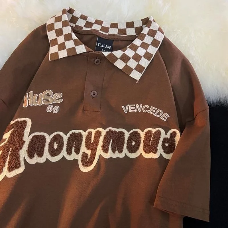 2022 Summer American Vintage Plaid POLO Collar Graphic T Shirts Retro Brown Harajuku Oversized Couples Tees Students Large 2XL