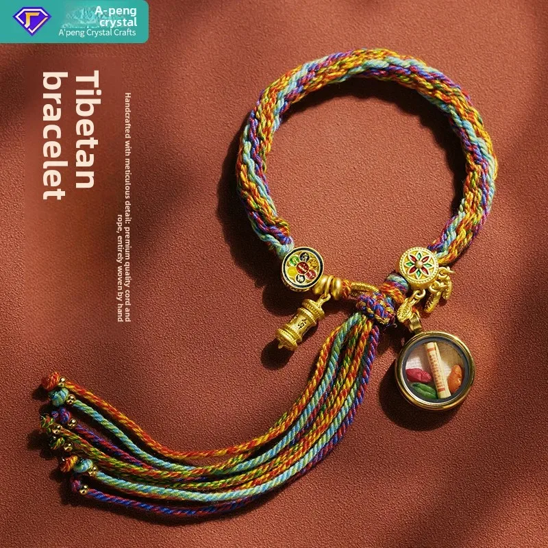 Pulsera de estilo tibetano hecha a mano, patrón étnico tejido, cuentas budistas de Tara verde J, pulsera de ruedas redondas y cuadradas