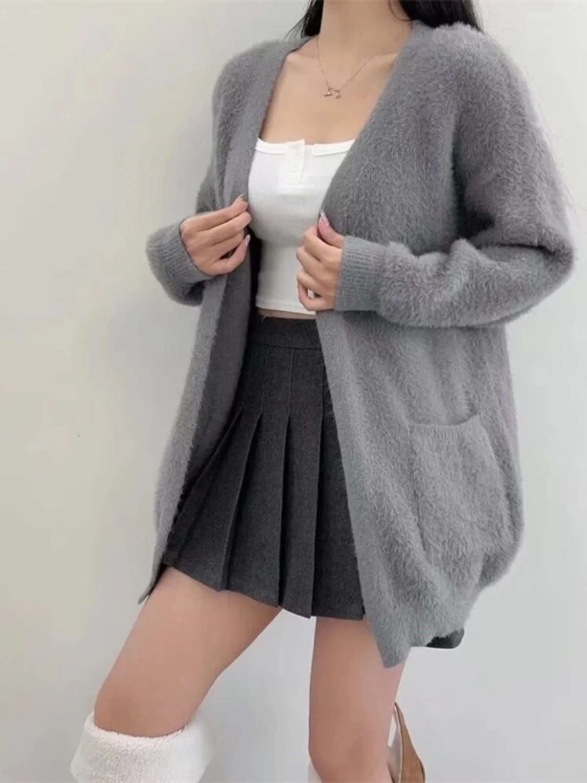 Macio aconchegante preguiçoso pele de vison malha aberta cardigan solto emagrecimento feminino longo sve v-ne camisola jaet inverno rua sle