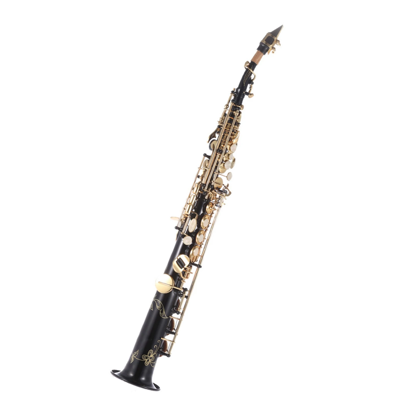 Saxofón Soprano Recto de Latón Bb (Si bemol) Instrumento de Viento con Llaves de Concha Natural y Patrón Tallado, con Estuche de Transporte y Guantes