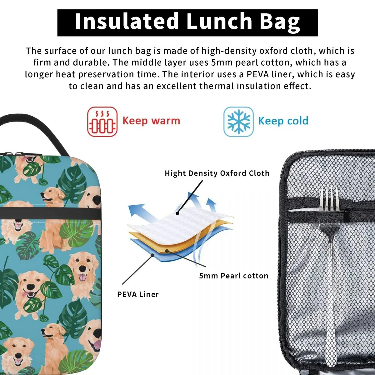 Golden Labrador Retriever Dog Tropical Insulated Lunch Bag for Women Children Leakproof Food Boxes Thermal Lunch Box Tote