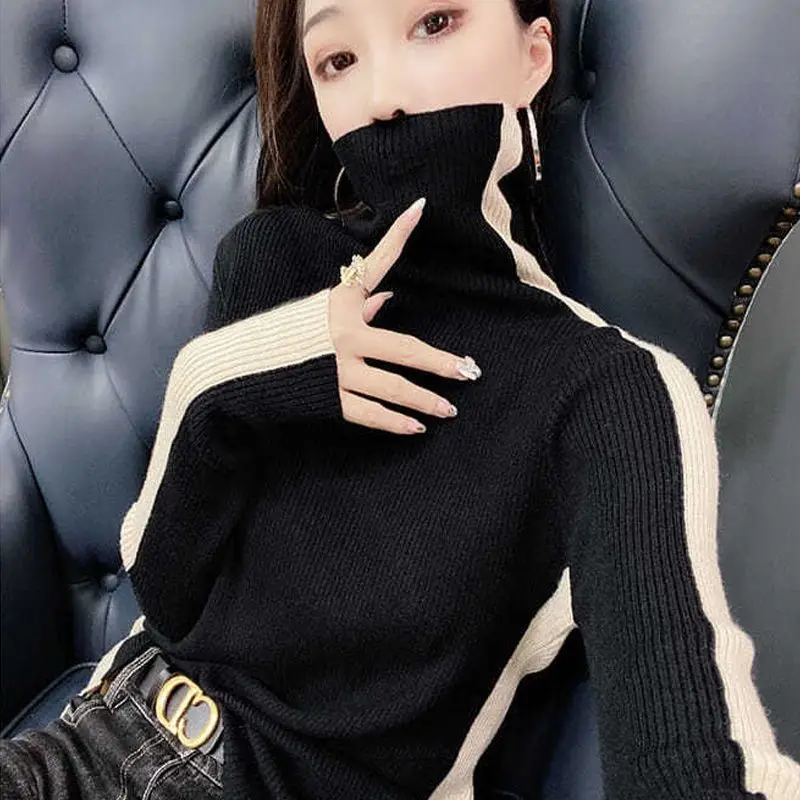 Fashion Turtleneck Knitting Spliced All-match Sweater Women\'s Clothing 2022 Autumn New Casual Pullovers Loose Korean Tops