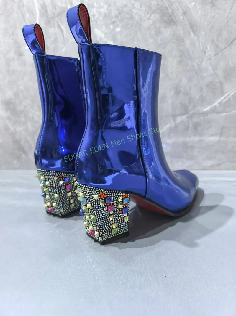 Fashion Colorful Crystal Decoration Square 5cm High Heel Ankle Boots Pointed Toe Side Zipper Male Blue Wedding Boots Shoes