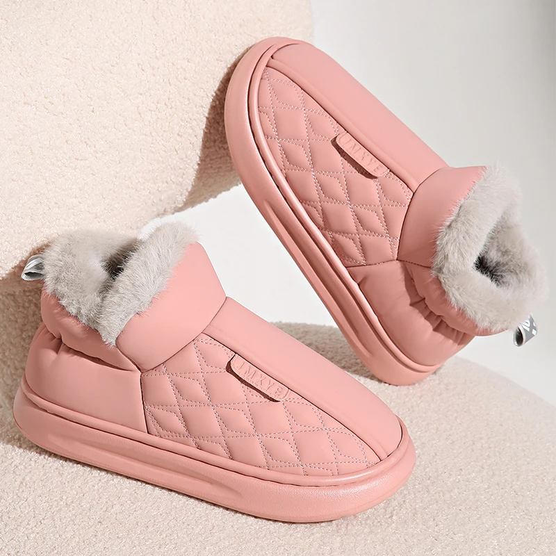 Bottes de rinçage courtes en peluche pour femmes, bottes de neige à plateforme optique douce, cuir PU simple, chaussures en coton, rose géométrique, chaud, hiver