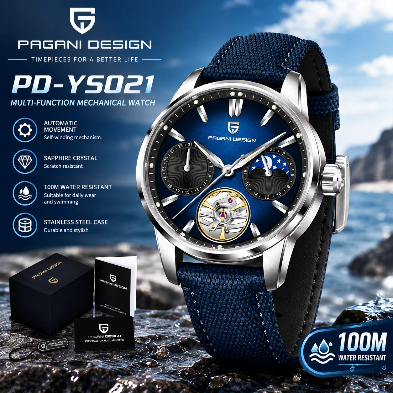 PAGANI DESIGN PD-YS021 Men's Automatic Mechanical Watch With Synthetic Sapphire Crystal Mirror, Fine Steel Case 10Bar.