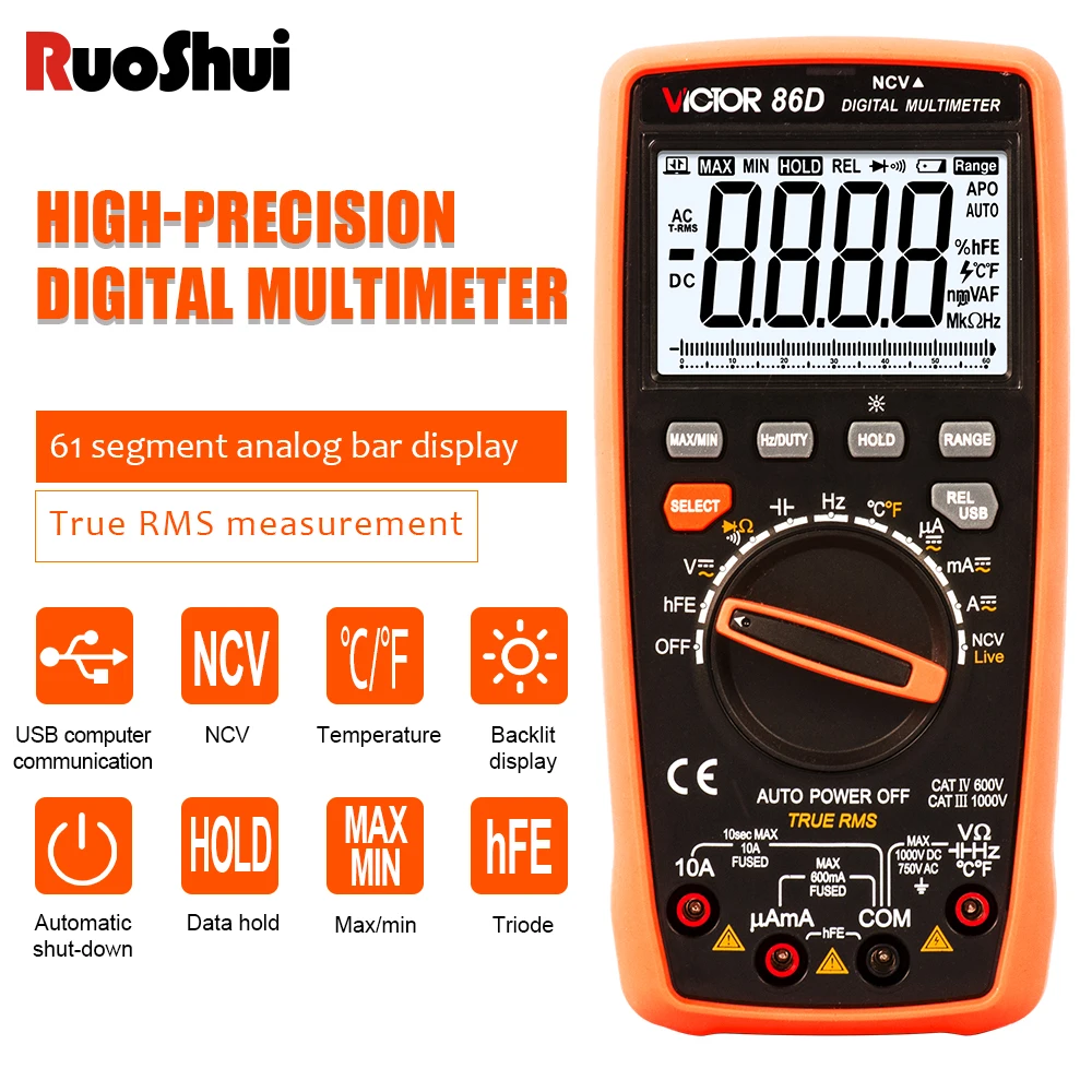 Victor 86 Digital Multimeter 22000 Counts Auto Range AC/DC Temperature Frequency Capacitor USB Tester Connect Transfer Polymeter