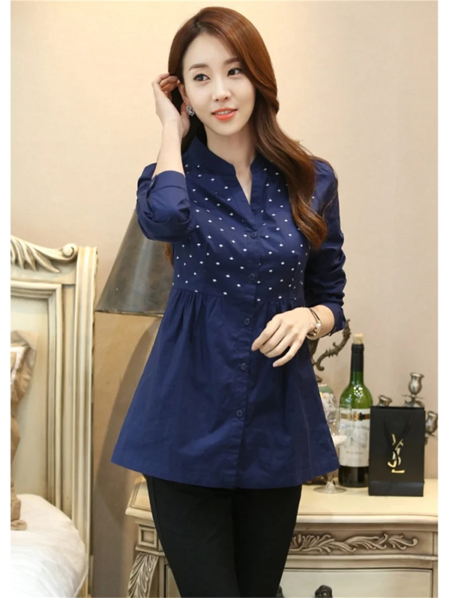 3XL Women Summer Spring Blouses Shirts Lady Fashion Casual Long Sleeve V-Neck Collar Polka Dots Blusas Tops CT0763