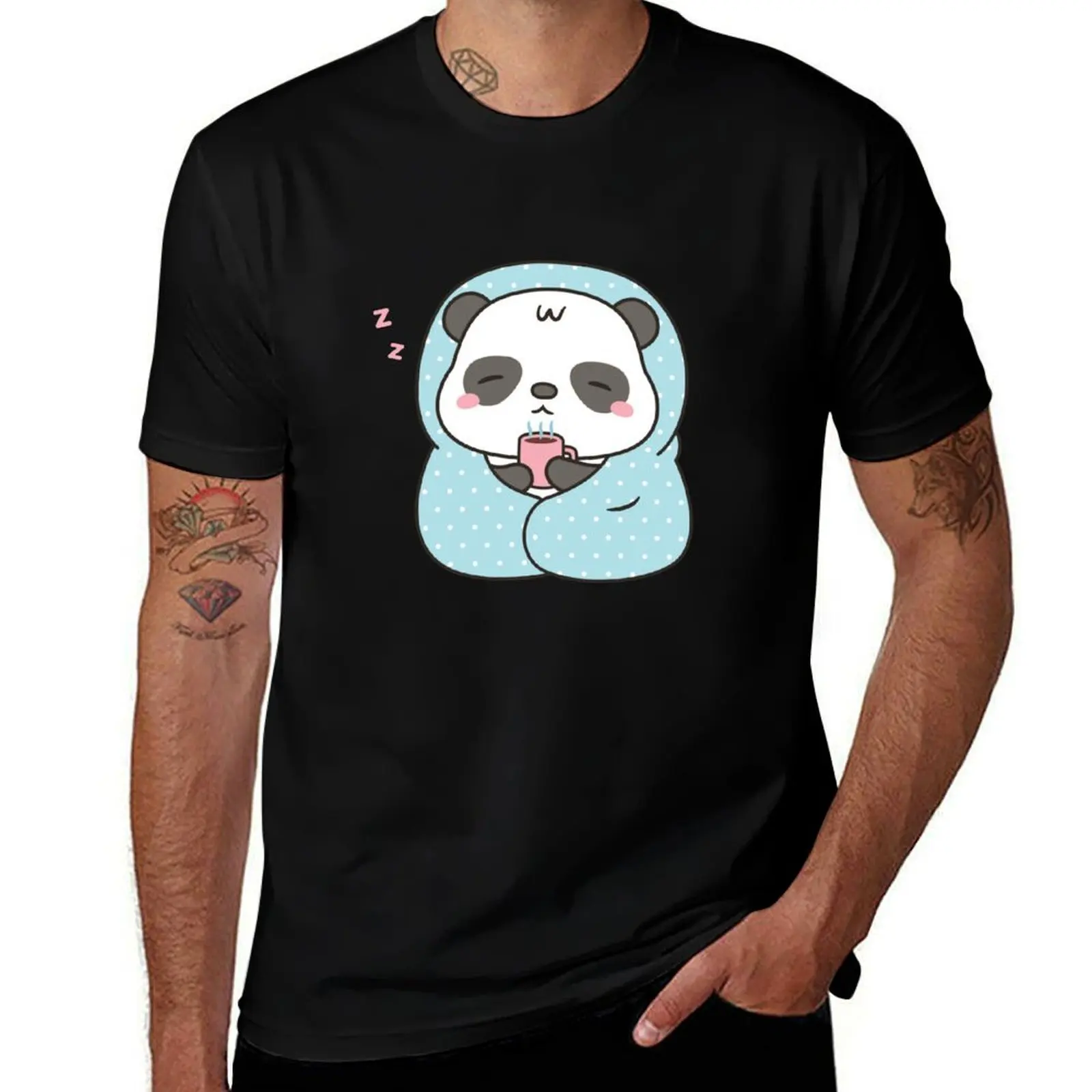 Cute Sleepy Little Panda With Coffee and Blanket T-Shirt Summer Holiday T-Shirt