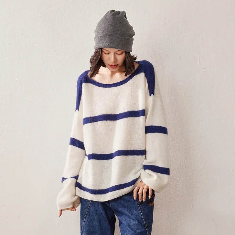 

Осенне-зимний женский кашемировый свитер с открытым вырезом, вязаный свитер с длинными рукавами, свободный полосатый пуловер в тон