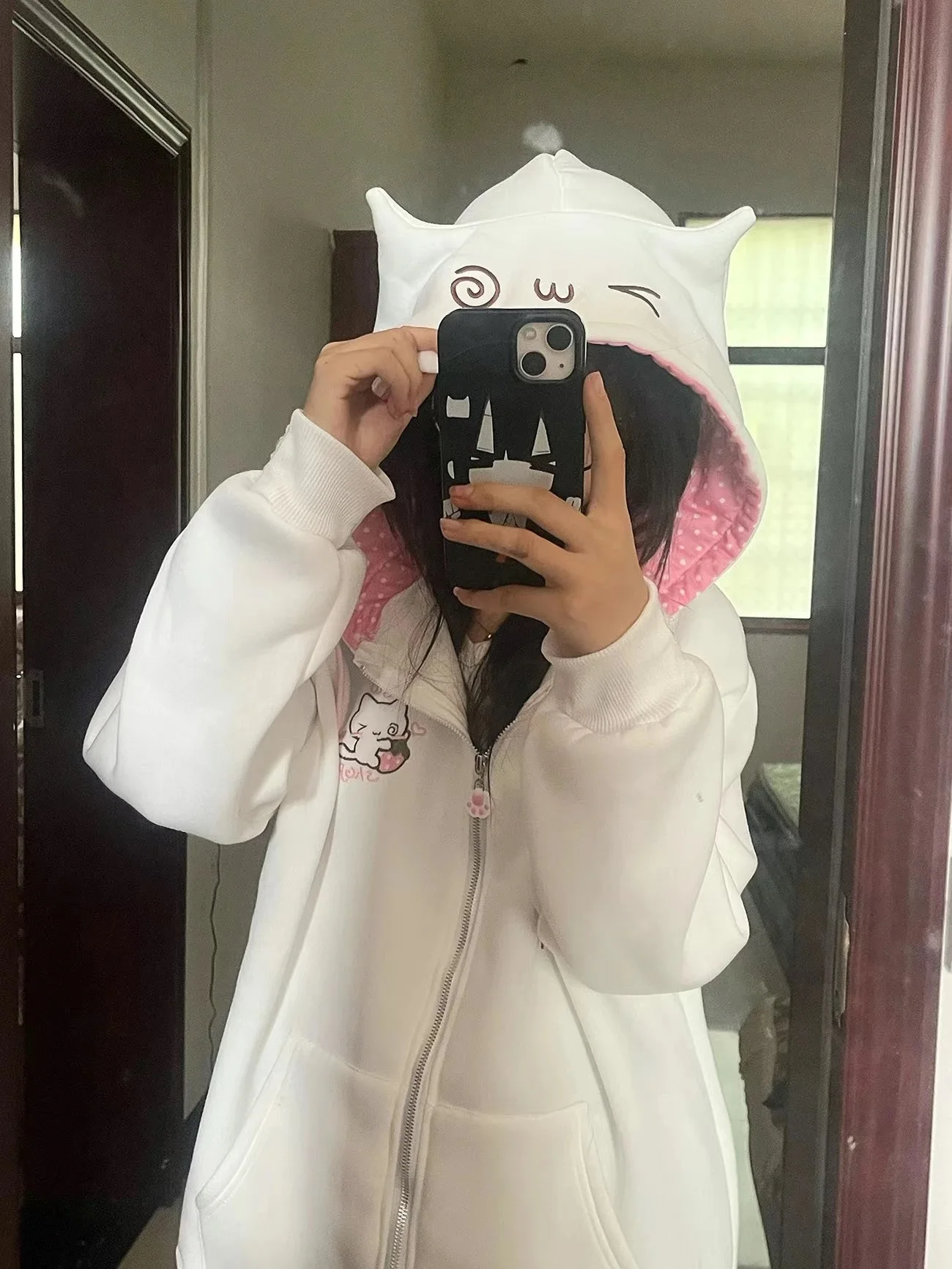 

Topenomi Cute Cat Embroidery Hooded Sweatshirt Women Japanese Y2k Aesthetic Loose Zipper Jacket Casual Sweet Long Sleeve Tops
