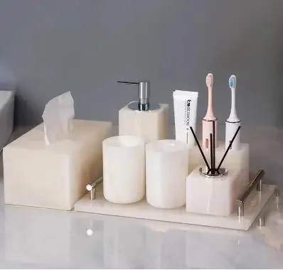 Light Luxury White Jade Stone Home Bathroom Wash Suit Bathroom Supplies Brush Tooth Cup Soap Bottle Soap Dish Toothbrush Holder