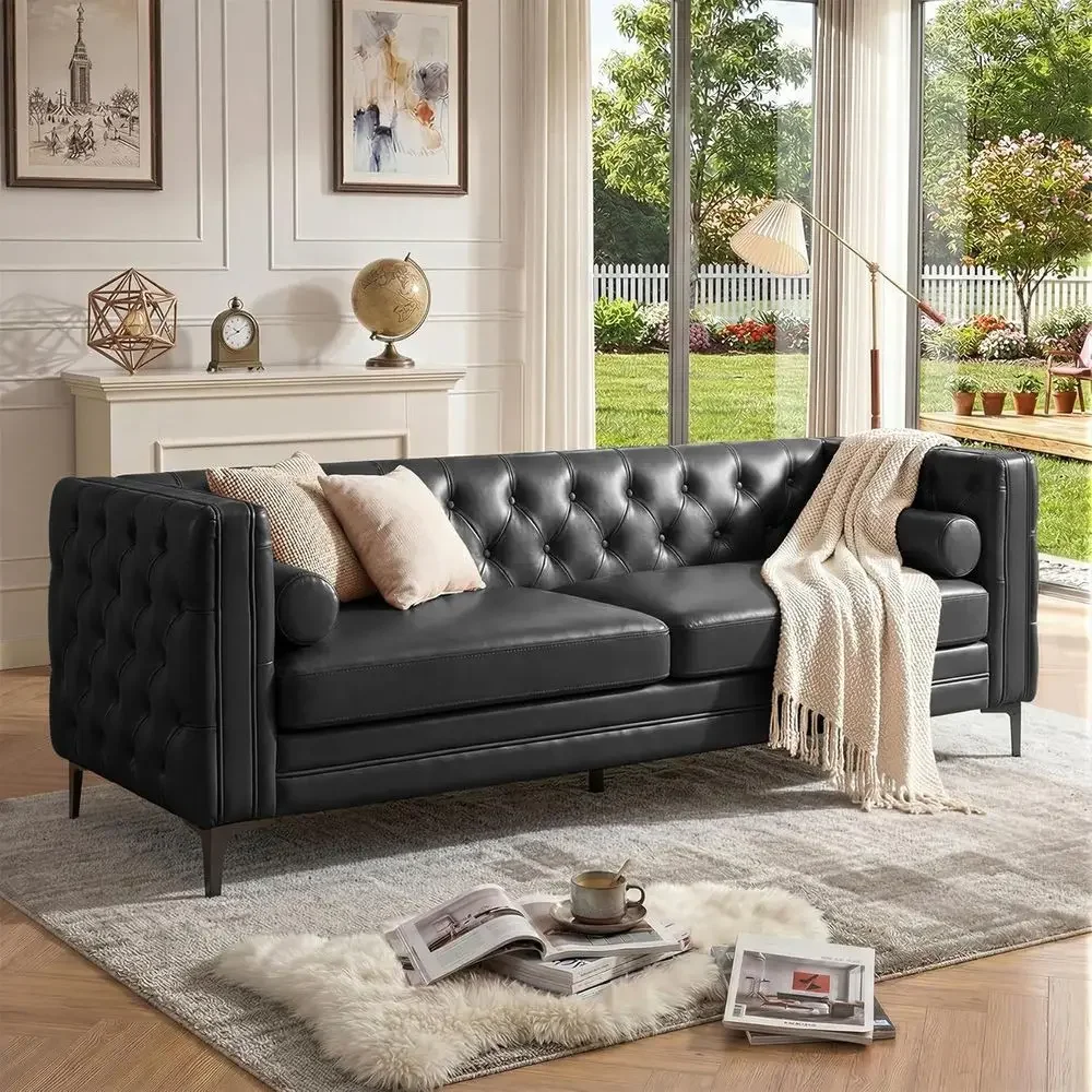 Mid-Century Modern Sofa with Button Tufted Leather, Metal Legs, 2 Bolster Pillows, Comfortable Deep Seat, Black, 1 Piece