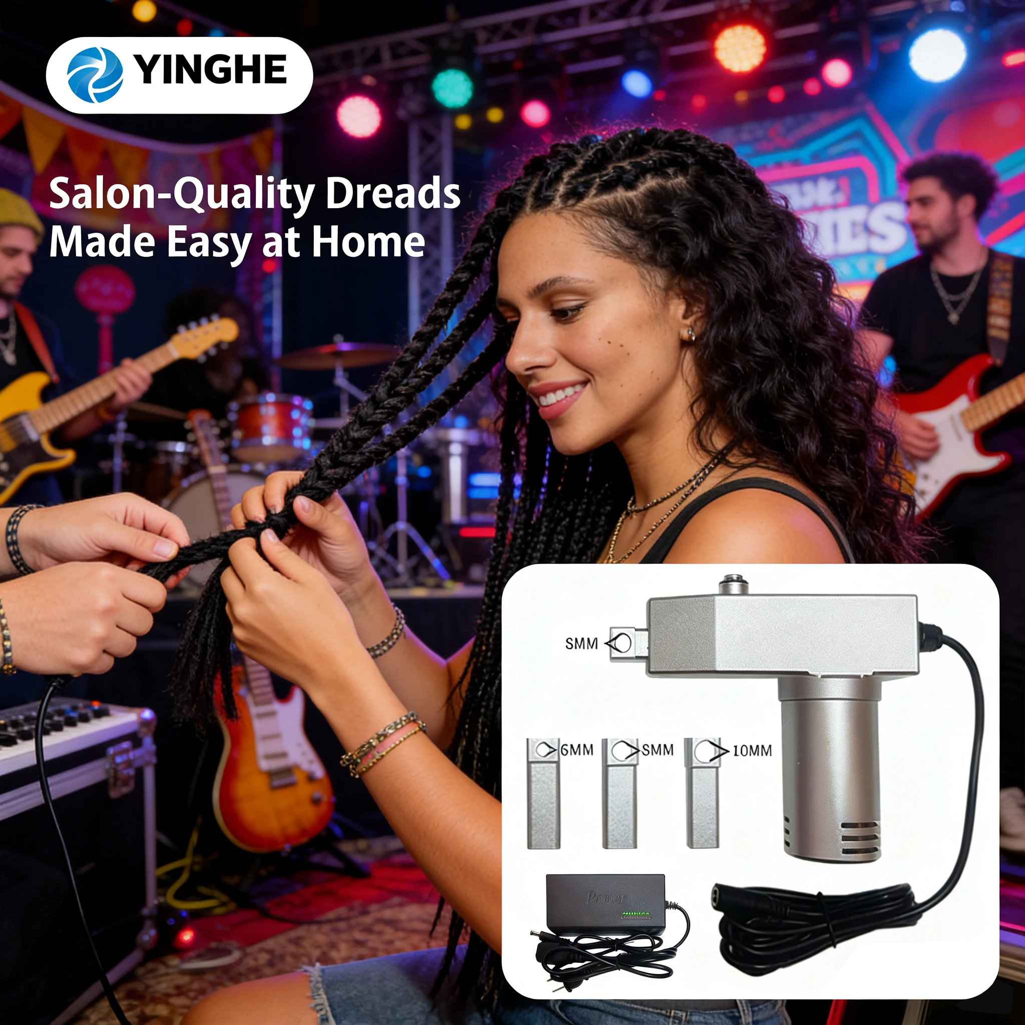 

Professional Dreadlock Braiding Kit - Portable Automatic Dreadlocks Machine With 6/8/10/12/14/16mm Hooks For Home & Salon Use