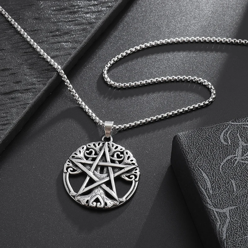 Wiccan Necklace Pagan Pendant Men Women Stainless Steel Silver Plated Pentagram Nordic Raven Mystic Necklace