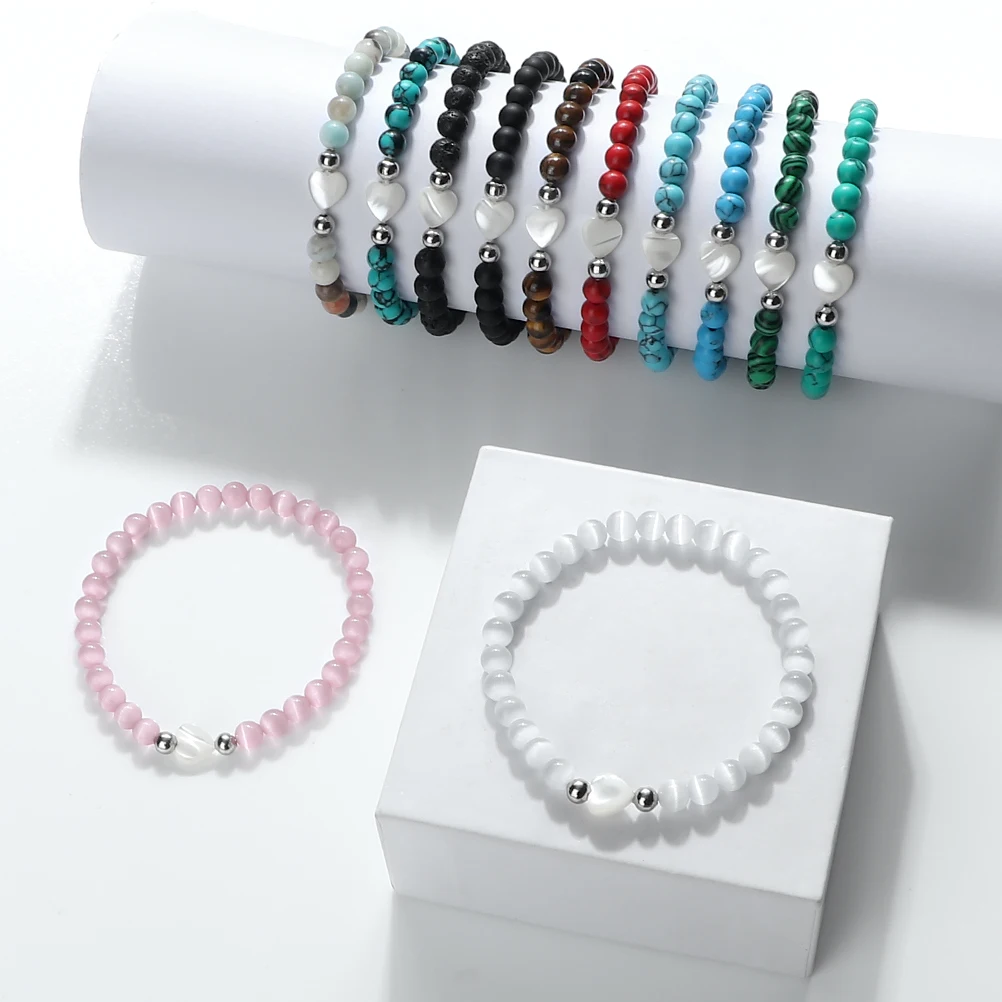 Fashion White Love Heart Shape Shell Bracelets Women 6mm Natural Stone Crystal Cat Eye Beads Bracelets Girls Lovely Jewelry Gift