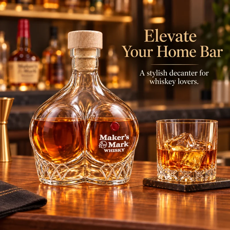 Whiskey Decanter Lead Free Glass Liquor Bottle with Wooden Stopper Unique Curved Diamond Cut Decanter for Scotch Bourbon Brandy