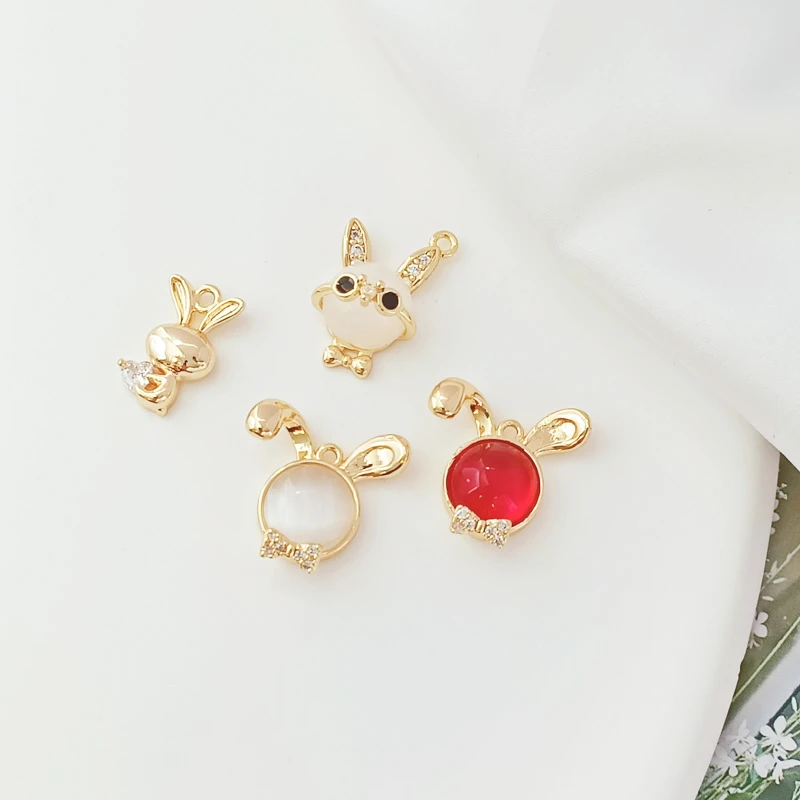 2 Pieces 14K Copper Clad Gold Set Zircon Cute Rabbit Pendant  Handmade DIY Jewelry Bracelet Necklace Earring Accessories