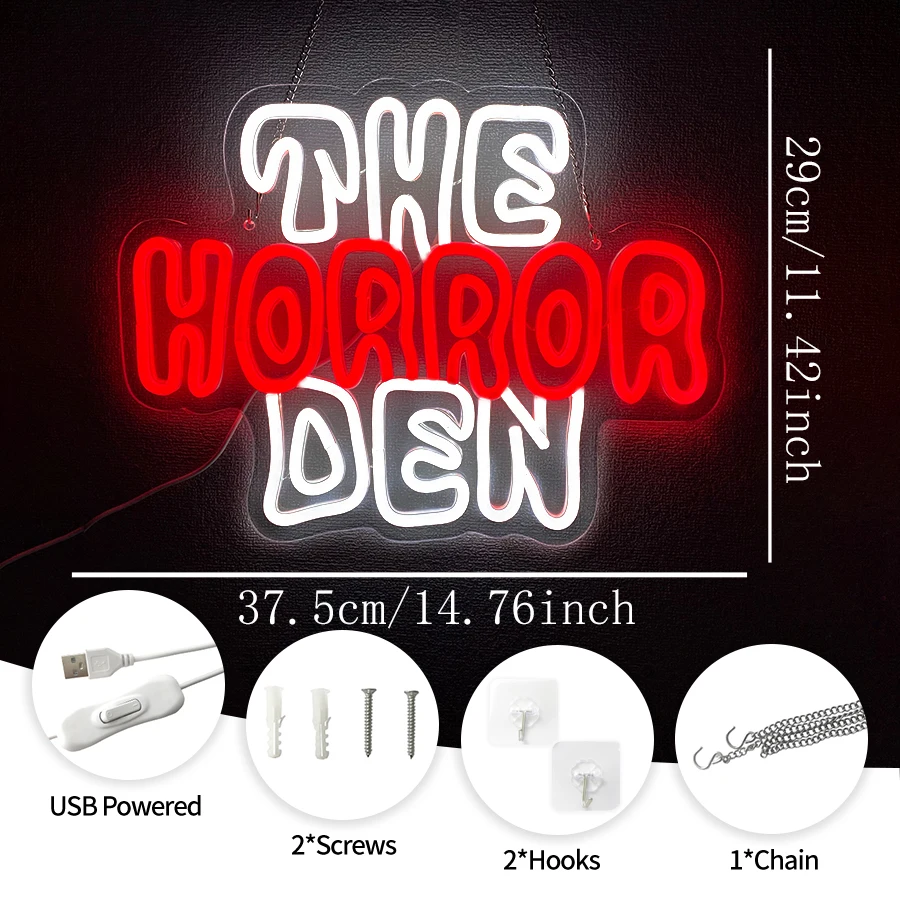 The Horror Den Neon Sign,Gothic LED Lights Sign for Man Cave,Game Room,Bar,Gothic Room,Horror Movie,Halloween Party Wall Decor