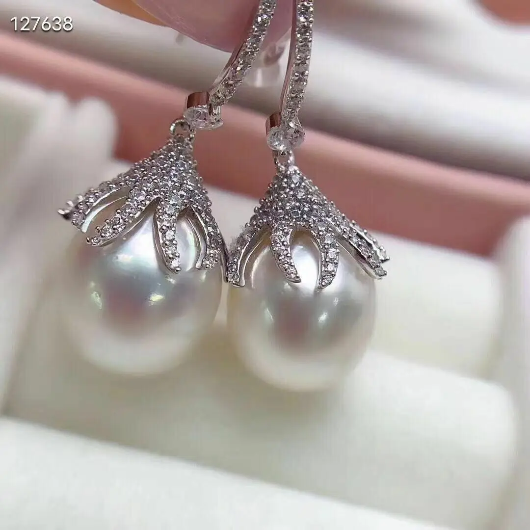 

GORGEOUS HUGE AAA 10-12MM SOUTH SEA DROP WHITE PEARL DANGLE EARRING 925S..