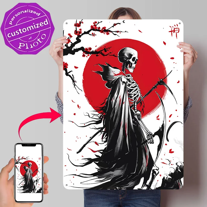 Grim Reaper With Scythe and Red Sun 3D Texture Printed Poster Custom Vintage Metal Tin Plate Sign for Wall Art Funny Signs Decor