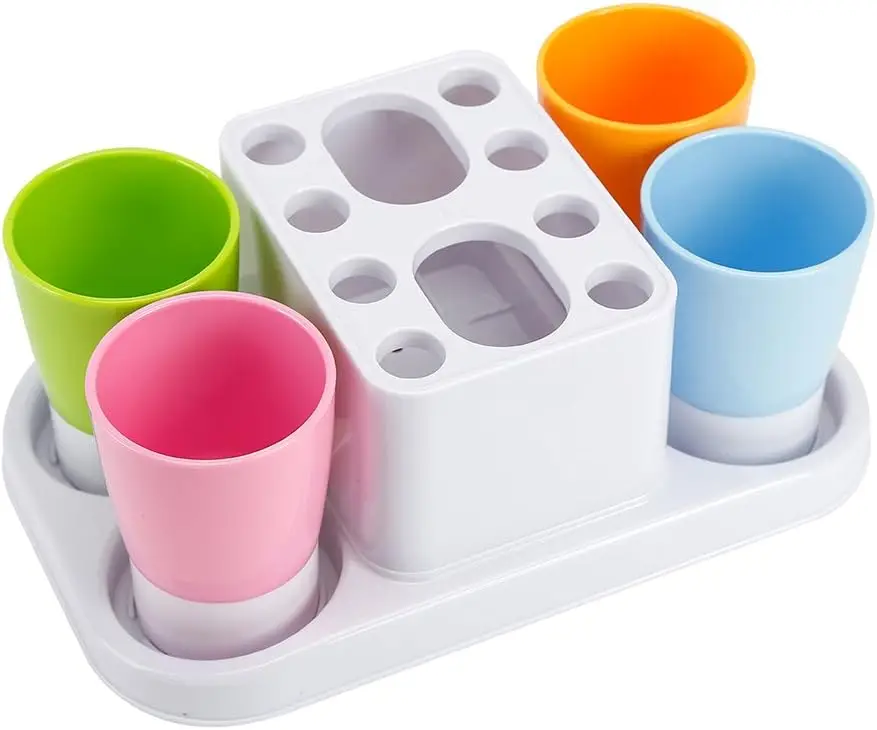 Toothbrush Holder with Rinse Cups and Organizer Stand for Bathroom Countertop Storage