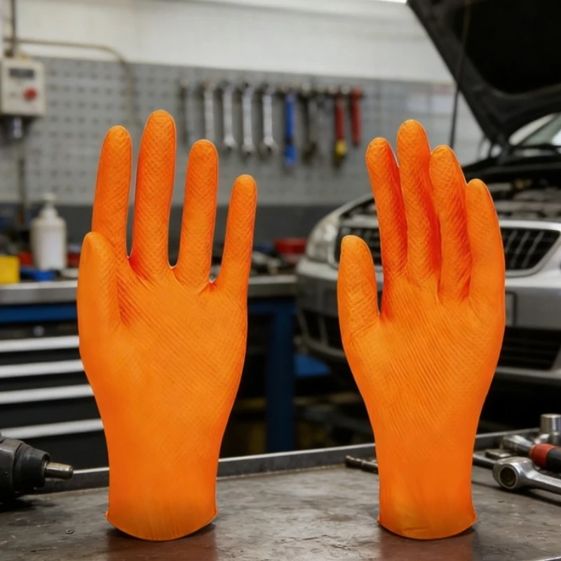 

100pcs Industrial Waterproof Oil Resistant Thickened and Wear-resistant Nitrile Gloves Orange Work Glove Suitable for Car Repair