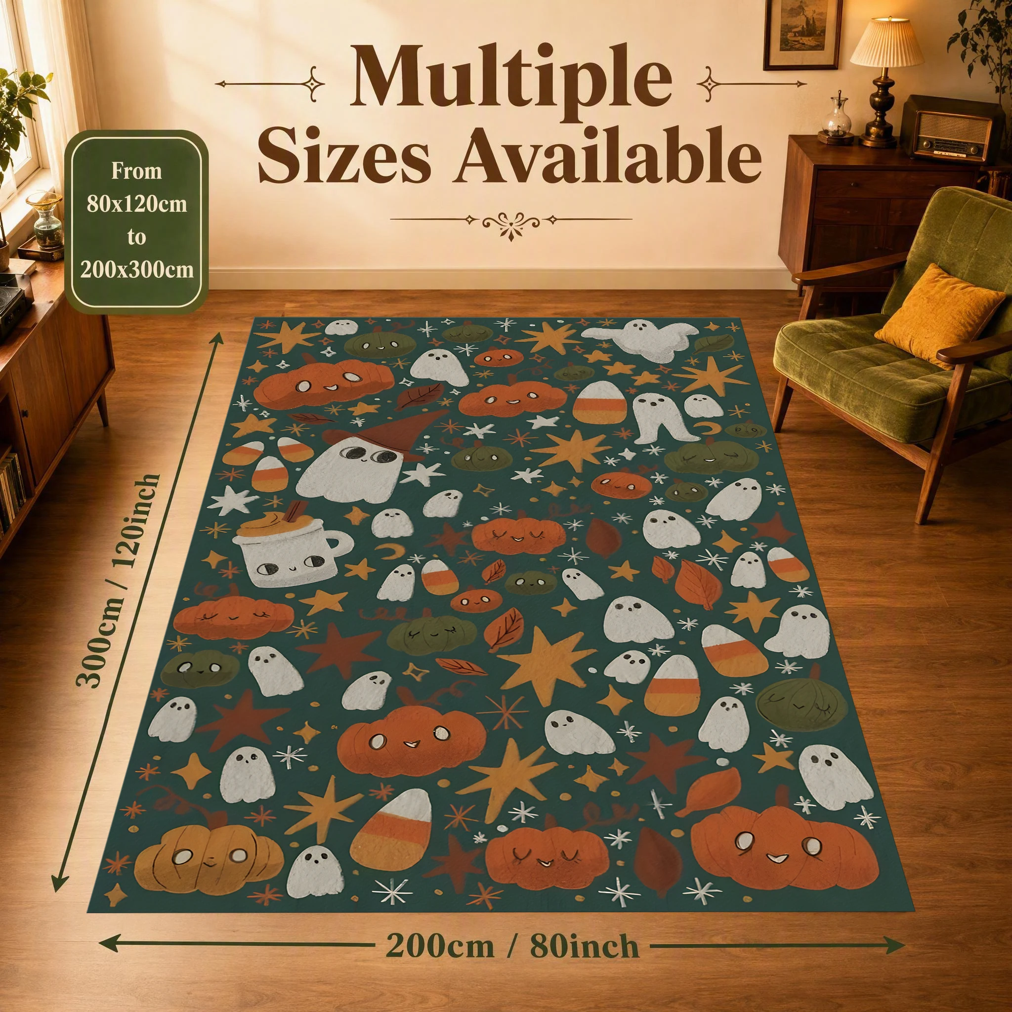 Pumpkin Ghost Star All-Over Print 2D Area Rug in Retro Cute Style for Home, Halloween Party Decor