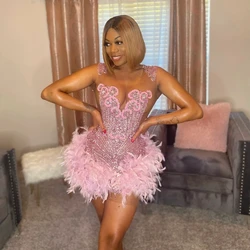 Pink African American Prom Dresses For Black Girls Feather Crystals Birthday Party Short Cocktail Dresses Nigeria Customized