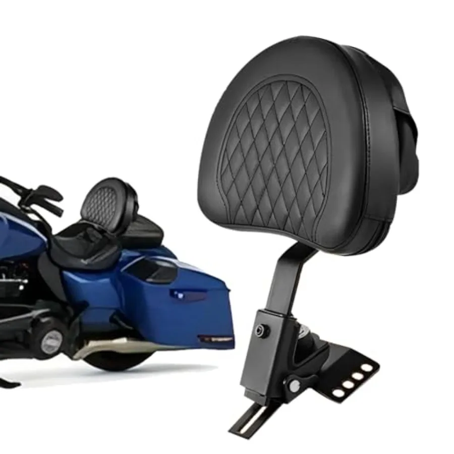 

Motorcycle rider backrest pad for Harley Touring models: black adjustable driver backrest with plug-in custom mounting kit, dur