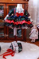 3PCS Baby Girl Autumn Winter Red Plaid Vintage Spanish England Princess Ball Gown Dress for Eid Causal