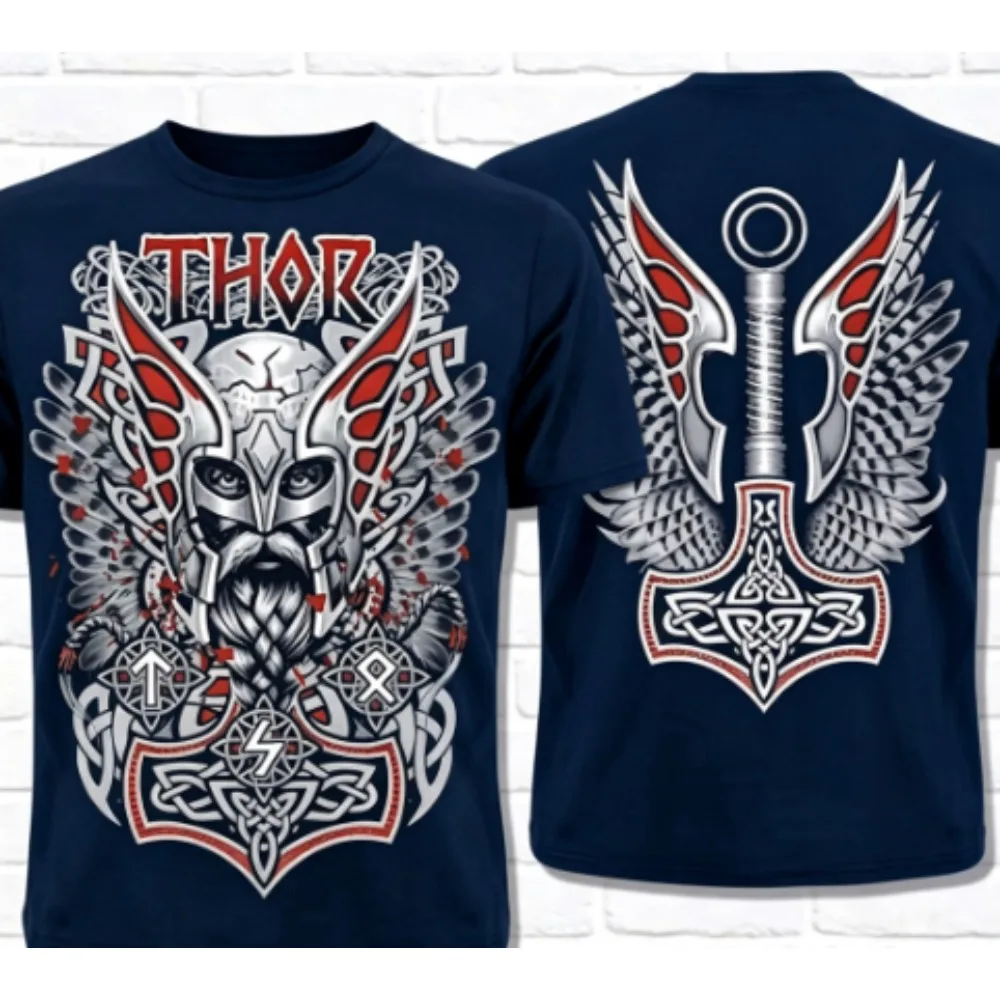 2026 New Norse Viking Thor Helmet Double Sided Print T-shirt,   Myth Hardcore Street Loose Unisex Trend Tops