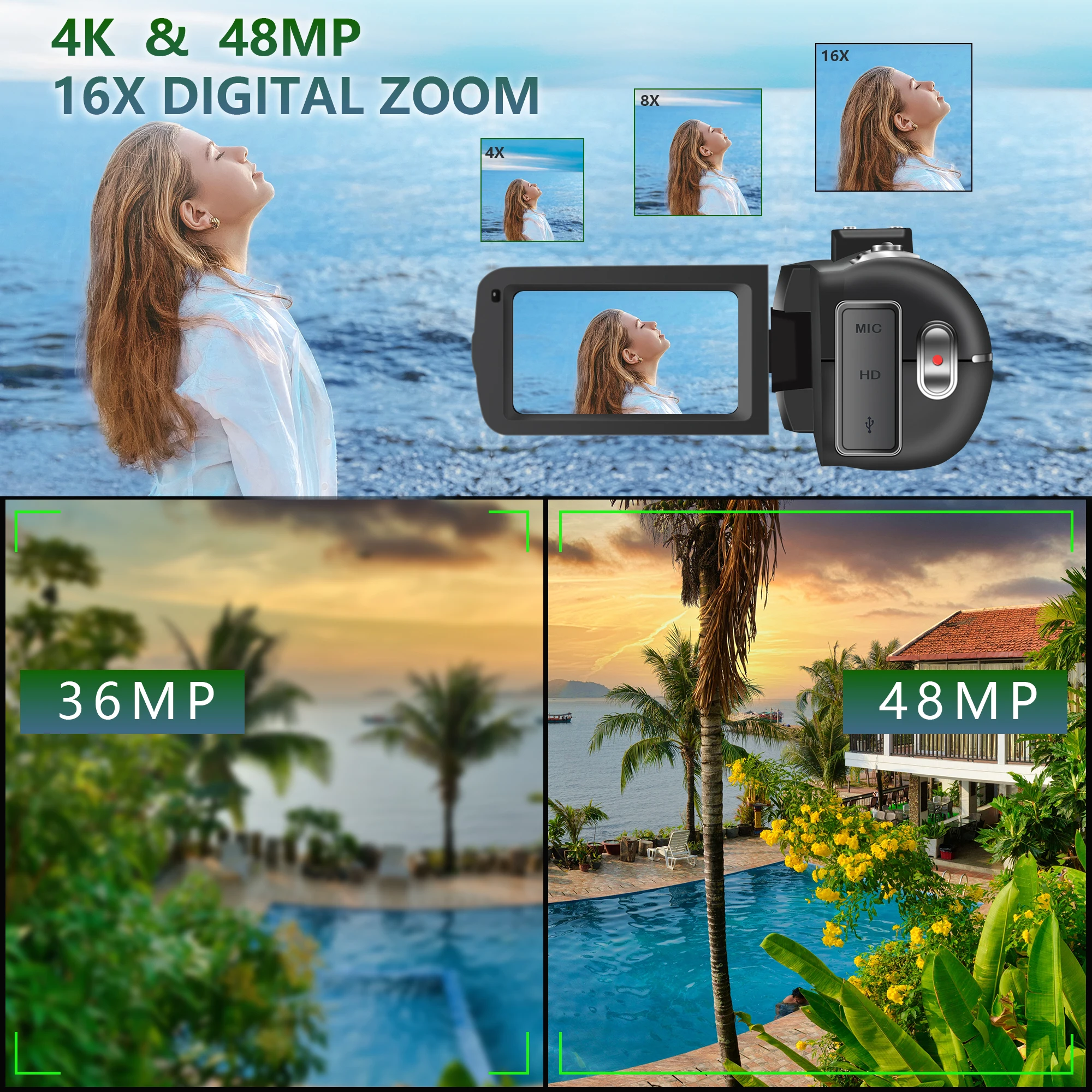 Kamera Video 4K G-anica 60fps/48MP UHD Kamera Digital Perekam Video, Kamera Zoom Digital 18X, Layar 3 Inci