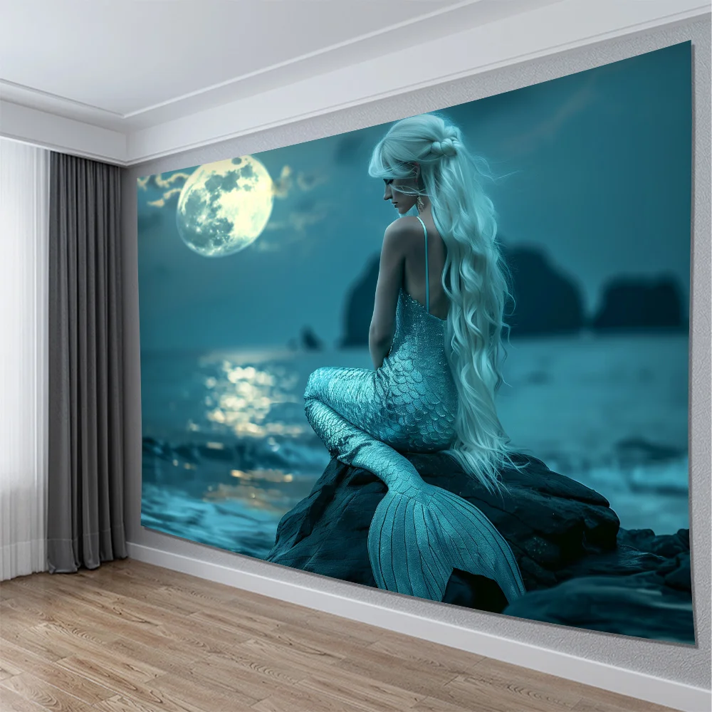 Fantasy Mermaid Siren Moon Ocean Tapestry Curtains Large Decorative Panel Blue Sea Life Artwork for Bedroom Home Decor Curtain W