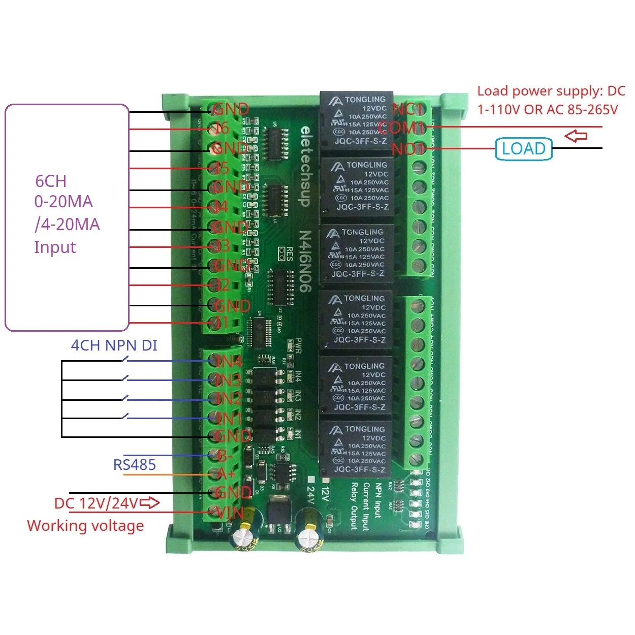 N4I6N06 6AI-4DI-6DO Mixed Remote IO Module  6CH 4-20mA Analog Input 4CH NPN Digital Input 6CH 10A Relay Output RS485 Modbus RTU