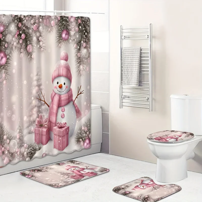 4PCs pink scarf snowman shower curtain, waterproof shower curtain with 12 hooks, bathroom rug, toilet U-shape mat, toilet lid