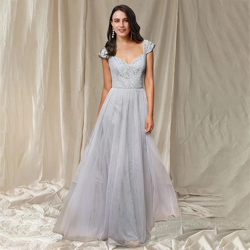 

UETEEY Elegant Bridesmaid Dress Beading Short Sleeves Appliques Pleats 2022 Floor Length A-Line Tulle Wedding Party Gowns