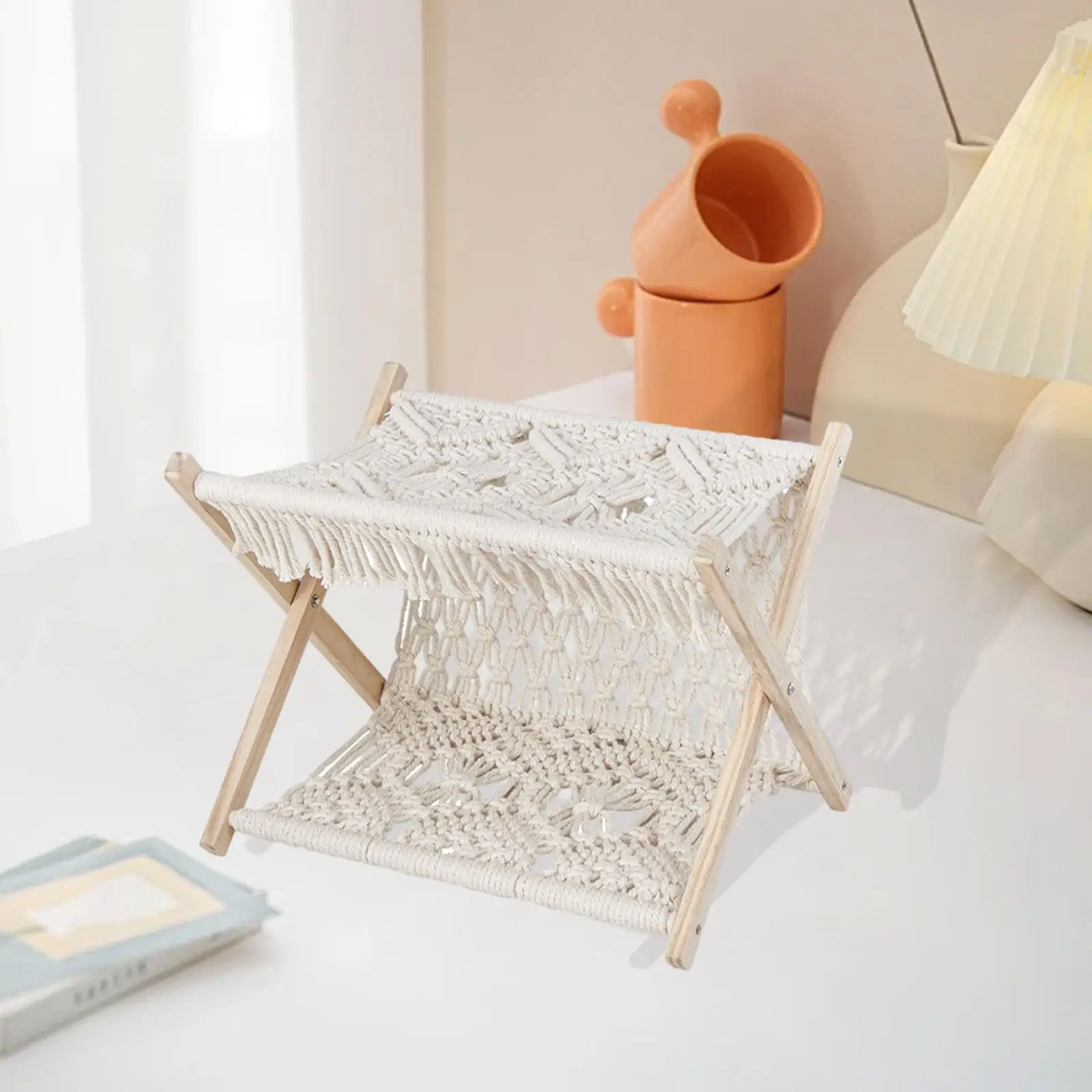 Macrame Magazine Rack Boho Storage Holder Foldable Organizer Rustic Book Display Stand for Bedroom Bathroom Dorm Essentials