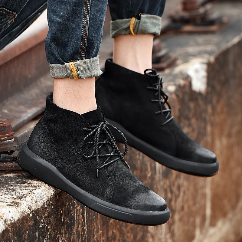 Winter Men\'s Work Boots Retro British Style Plus Cotton Soft Keep Warm Comfortable Fashionable Shoes Elastic Sole Easy To Clean