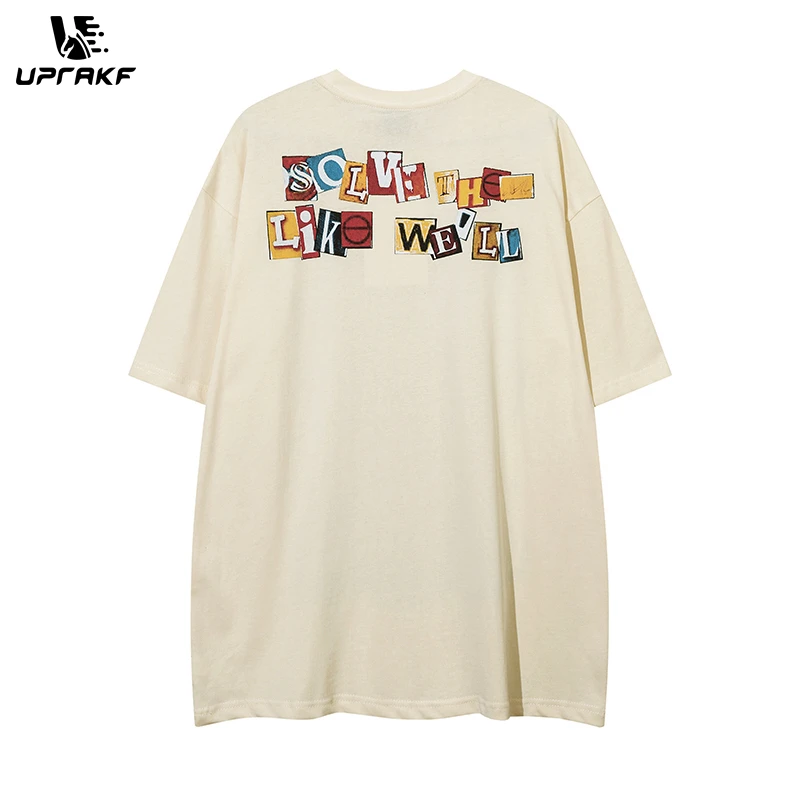 UPRAKF Streetwear Rabbit Pattern Colorful Letter Round Neck Summer Trendy Tee Oversize Washed Casual Short Sleeve Cotton