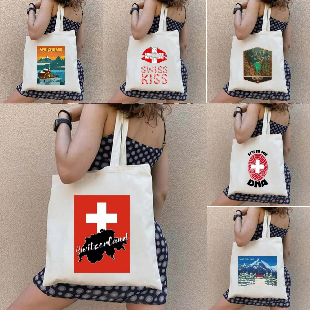 

Stylish Durable Switzerland Themed Canvas Shoulder Bag with Zurich Lucerne Print Sustainable Tote for Commute Shopping Daily Use