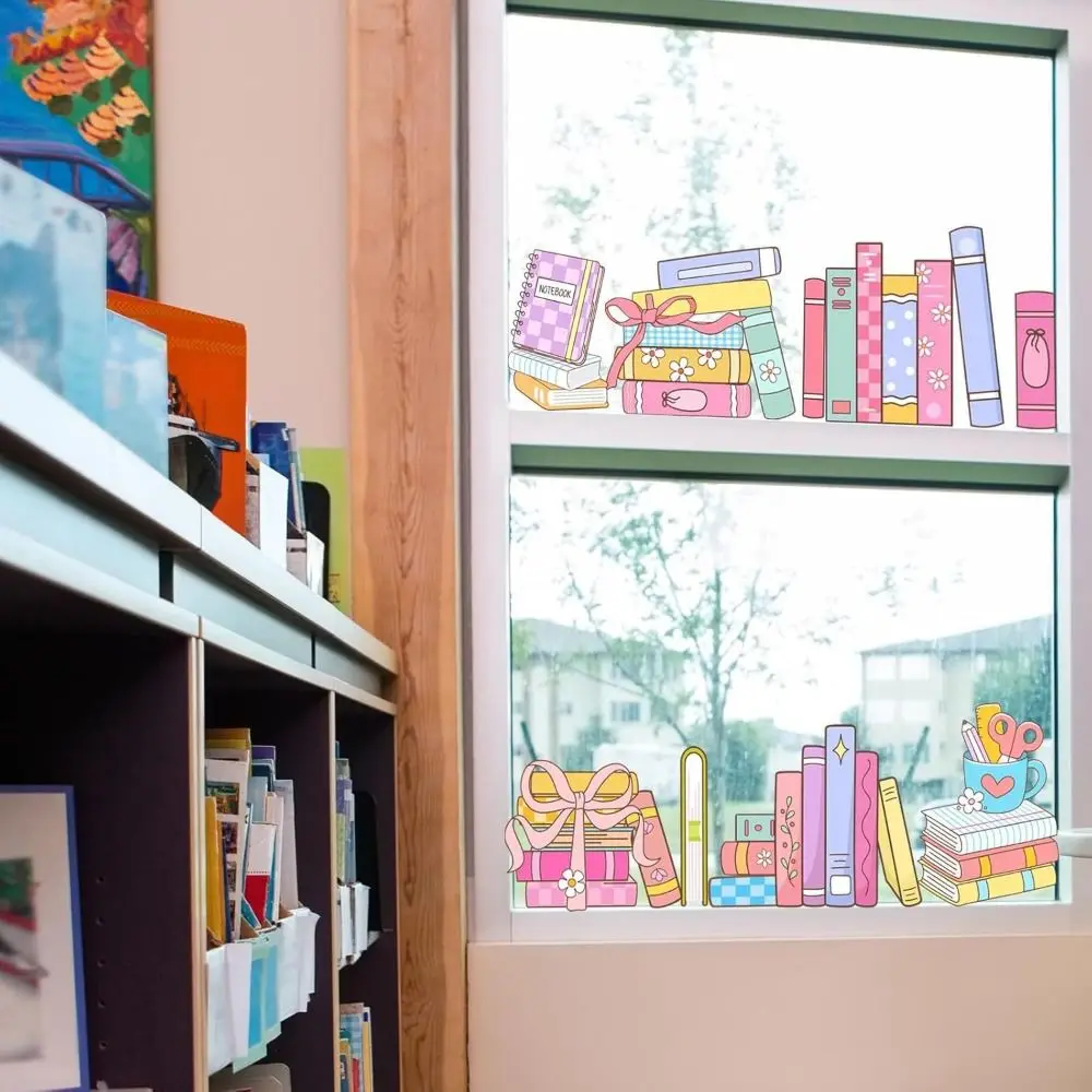 6PCS/Set Multicolor Bookshelf Window Stickers Static Cling Removable Bookshelf Window Decals Cartoon Books No Residue