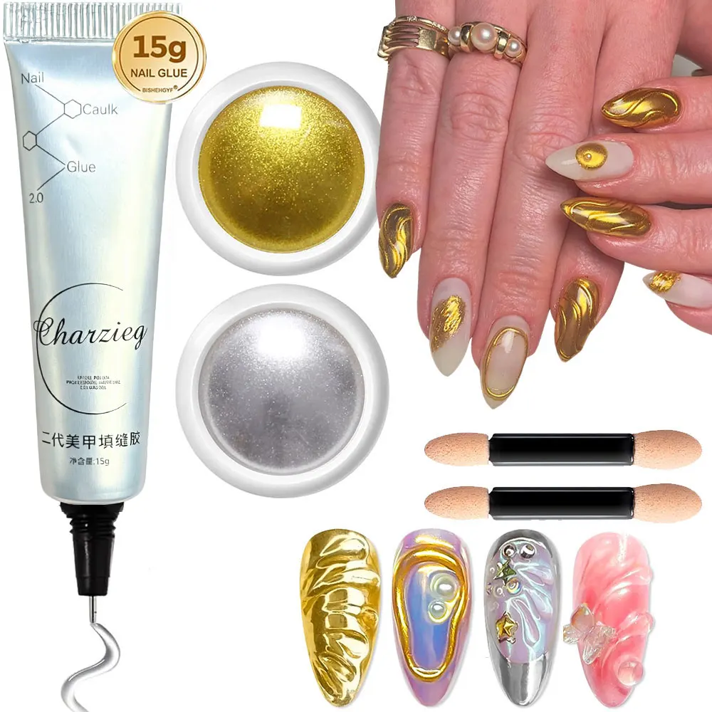 3er-Set 3D-Nagelmodelliergel & Chrom-Nagelpuder Silber Gold Magic Mirror Nagelpuder 3-in-1 Strasskleber Modelliergel