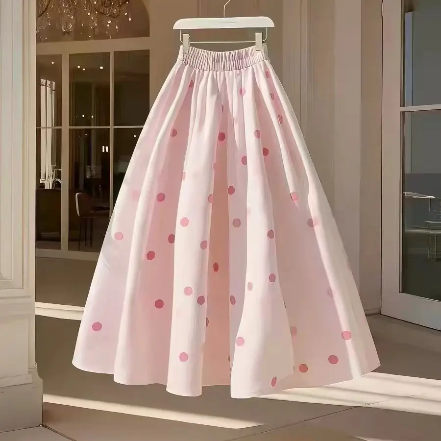 Sweet Feminine High Waist A-Line  Skirt Pink Polka Dot Elastic Waist Print Women's Long Young-looking Skirts Summer 2026