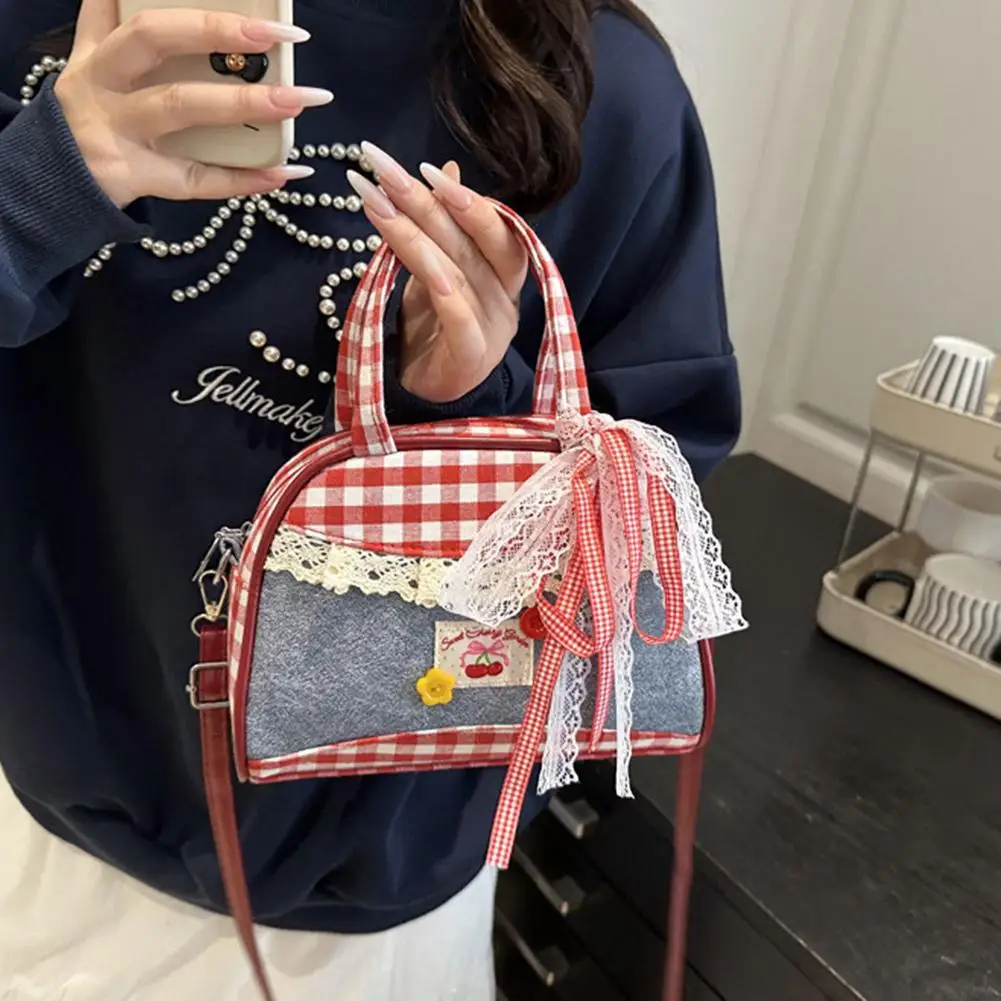 Women's Plaid Patchwork Zipper Underarm Shoulder Bags Cute Sweet Bow Faux Denim Handbags Crossbody Bag for Ladies Daily Use