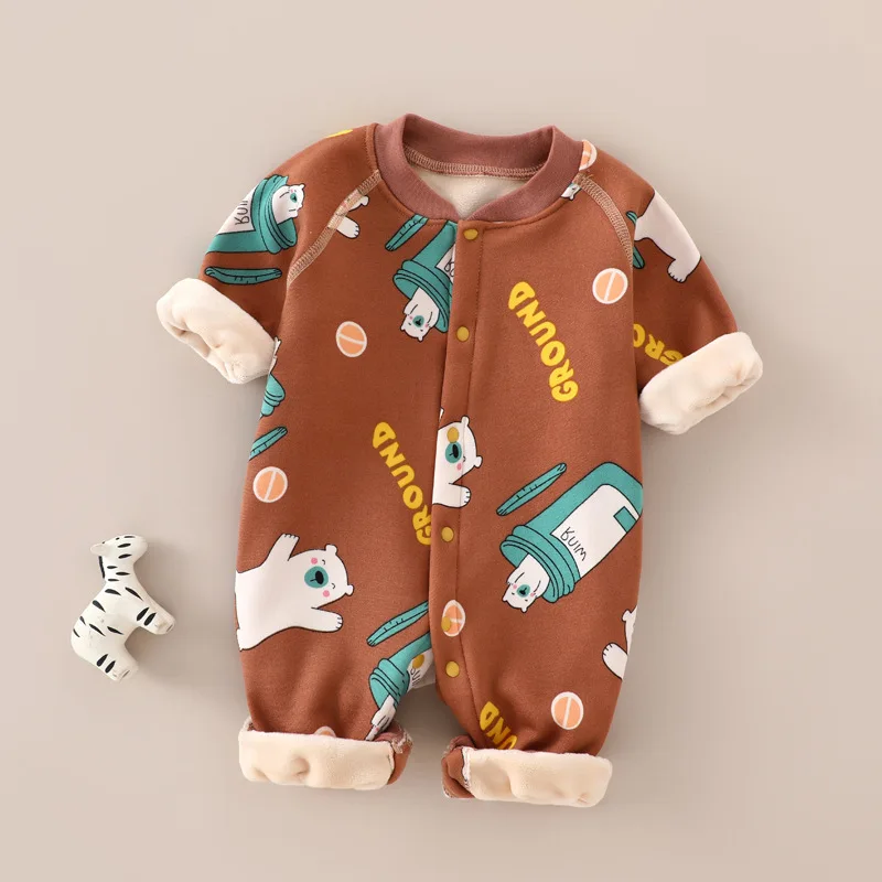 Baby Onesie Plus Velvet Thick Thermal Underwear Newborn Clothes Autumn and Winter Baby Rompers Pajamas Romper