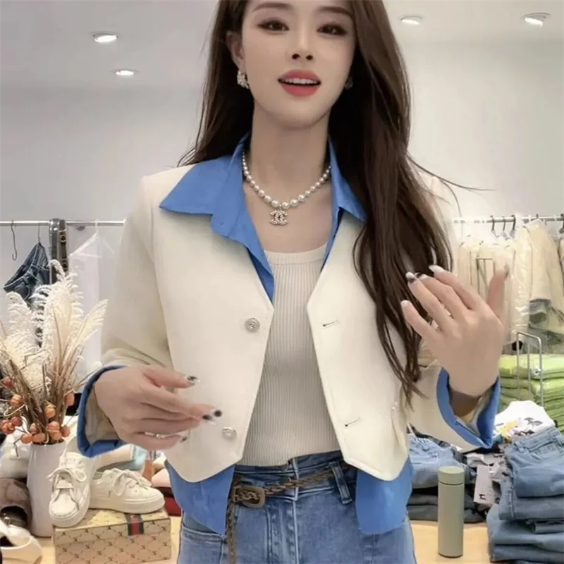 Fake Two Pieces Splicing Short Coat Female 2023 Spring New Korean Version Slimming Age Reduction Small Fashion Western Style Top