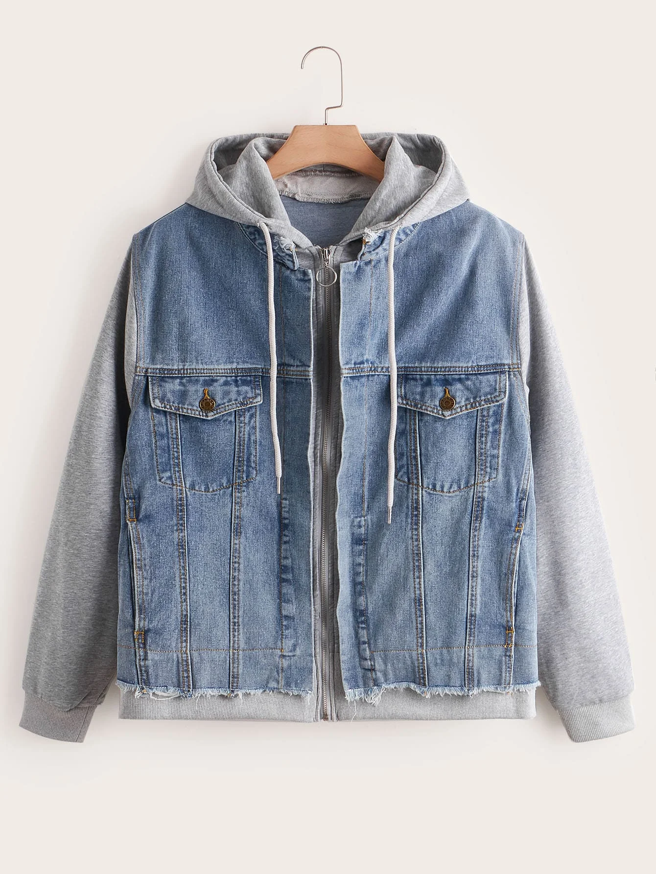 

Women's 2-in-1 Denim Jacket with Hoodie, Raw Hem & Front Pockets, Casual Streetwear Style