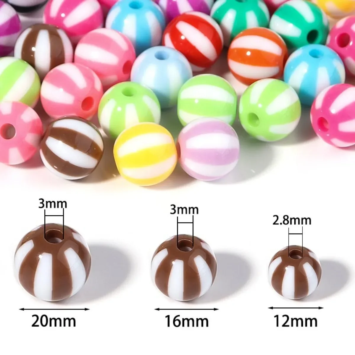 TX44 12/16/20mm Acrylic Beads Colorful Stripes Round 3mm Large Hole Beads Diy Bracelet Necklace Jewelry Accessories